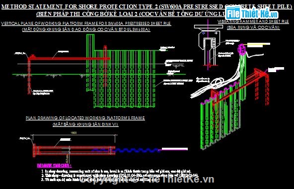 Thi công kè cọc ván,Biện pháp thi công kè song ngữ,Thi công kè cọc ván file cad